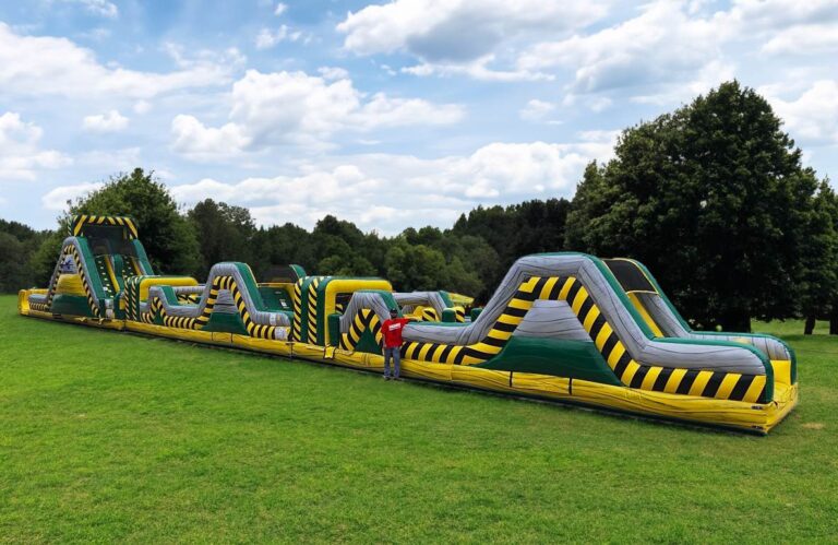 90ft Multi-Color Corporate Obstacle Course with dual racing lanes and inflatable challenges