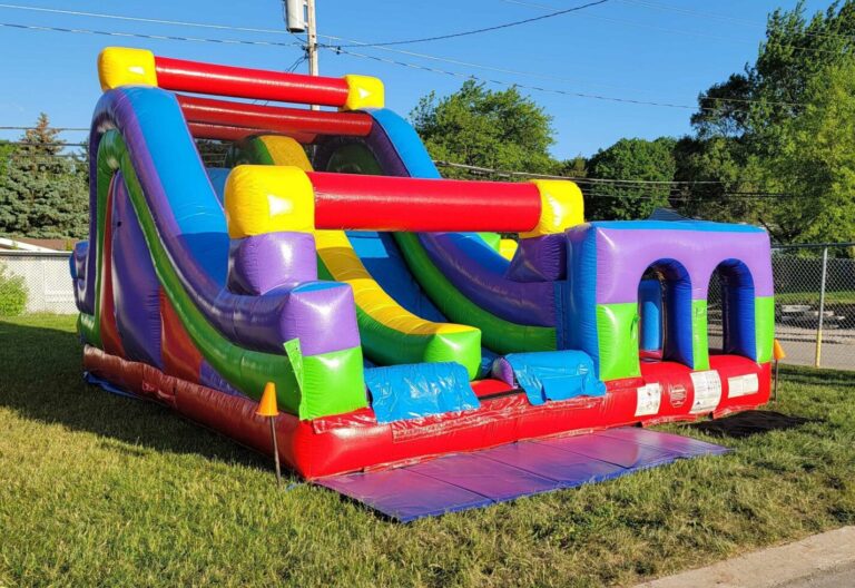 commercial inflatable obstacle course with dual lanes and safety features