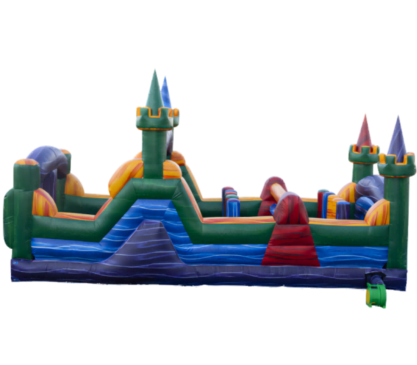 side view of 65ft Rainbow Theme Inflatable Obstacle Course