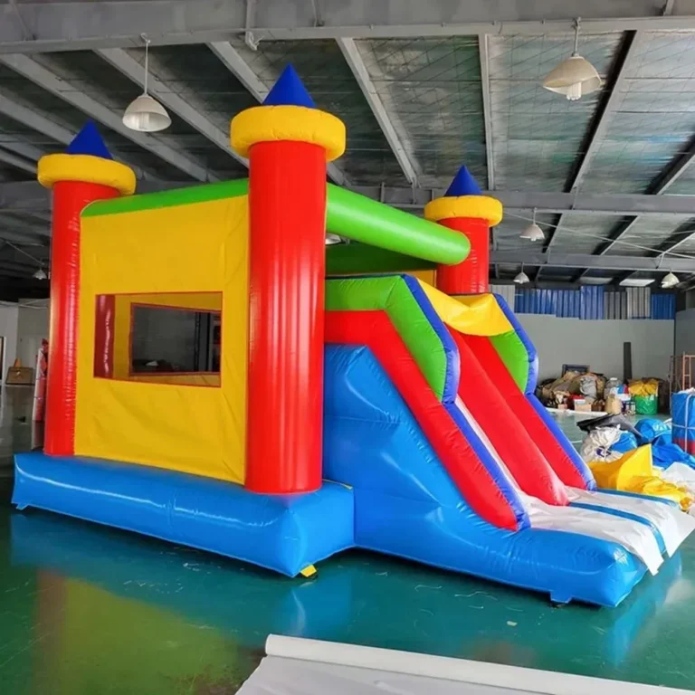 Manufacturing process of a bounce house showing materials and design steps